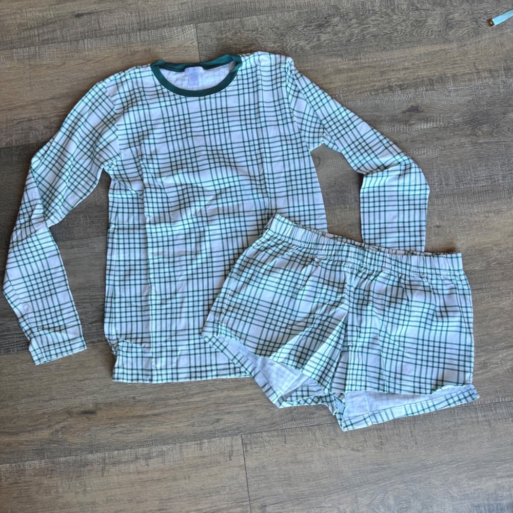 New LAKE Pima Weekend Long Sleeve Short Pajama Set Juniper Plaid Green White XS